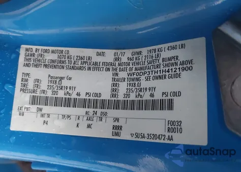 2017 Ford Focus Rs из США, поврежденный, VIN WF0DP3TH1H4121900